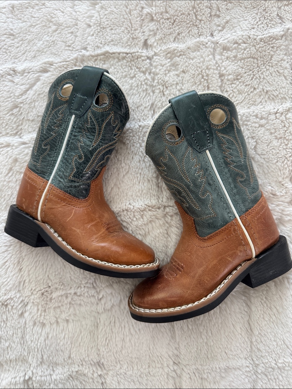 Kids Brown and Green Western Pull-On Cowboy Boots